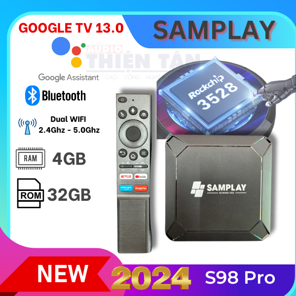 Box Tivi SAMPLAY - S98 PRO - Google TV - Ram 4G/32G - Tích Hợp Tìm Kiếm Bằng Giọng Nói - Hàng Nhập Khẩu