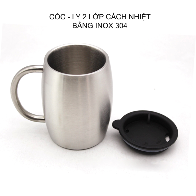 Cốc Ly uống café bằng inox 304 GF400 loại 2 lớp chống nóng, có nắp nhựa, dung tích 400ml