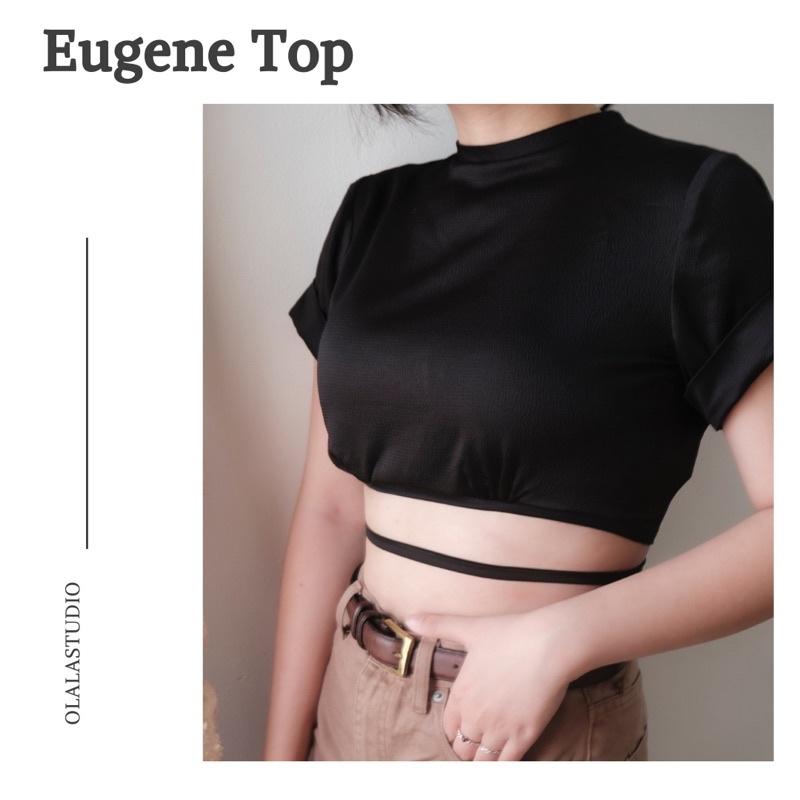 OLALASTUDIO Áo croptop lụa gân đen cột dây Eugene Top