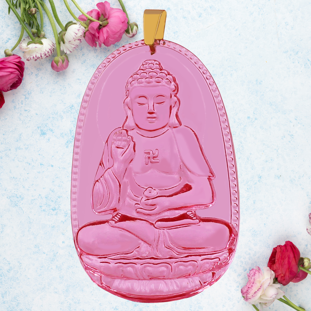 Mặt Phật A Di Đà pha lê hồng 5cm