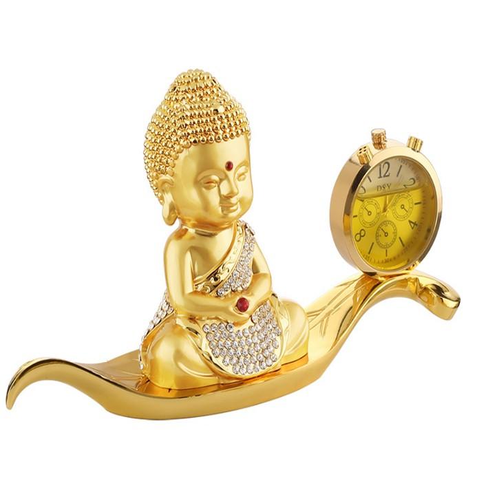 Tượng phật đúc đồng mạ vàng, kiêm đồng hồ trang trí trên bàn làm việc, taplo ô tô, xe hơi cao cấp - Mã A72542