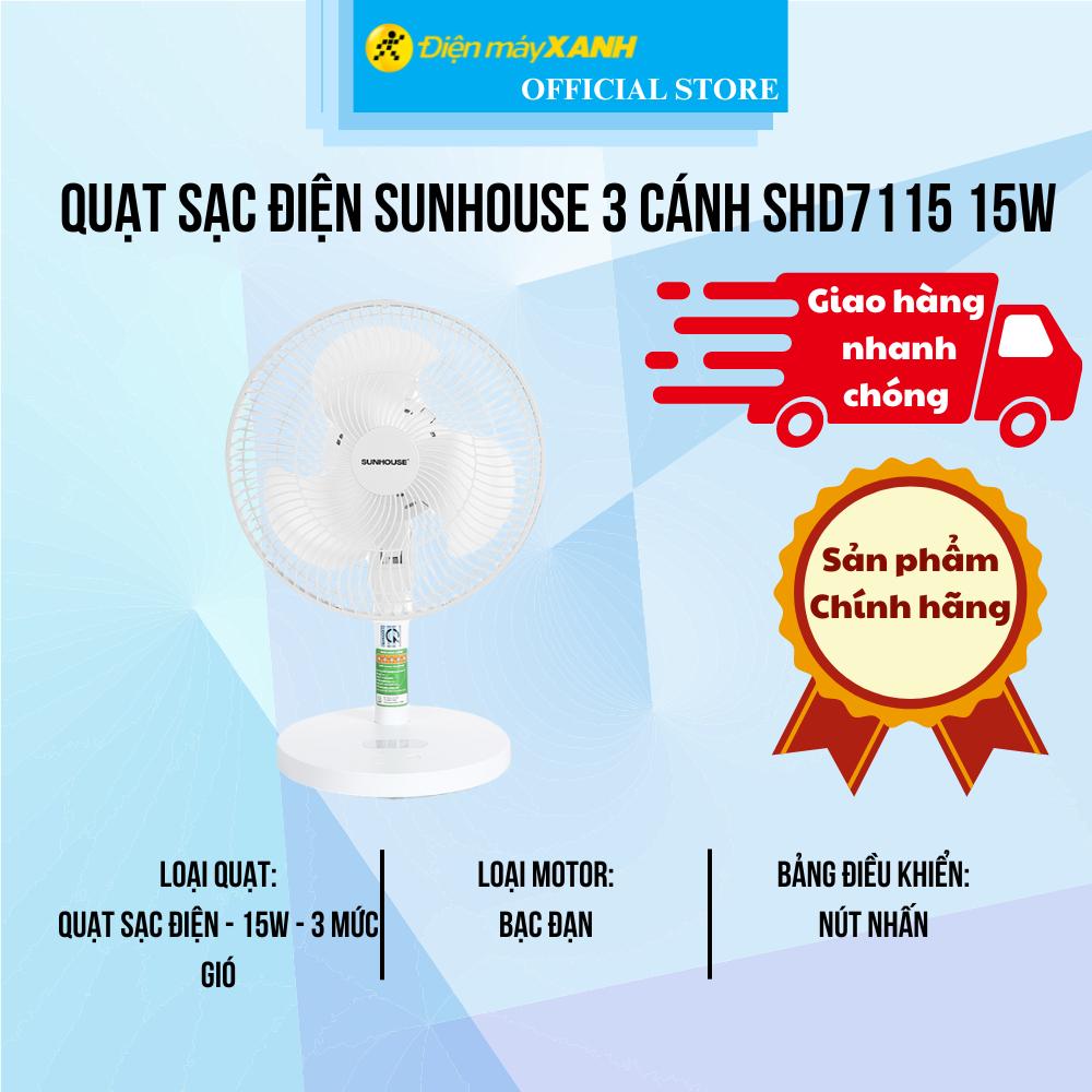 Quạt sạc điện Sunhouse 3 cánh SHD7115 15W - Hàng Chính Hãng