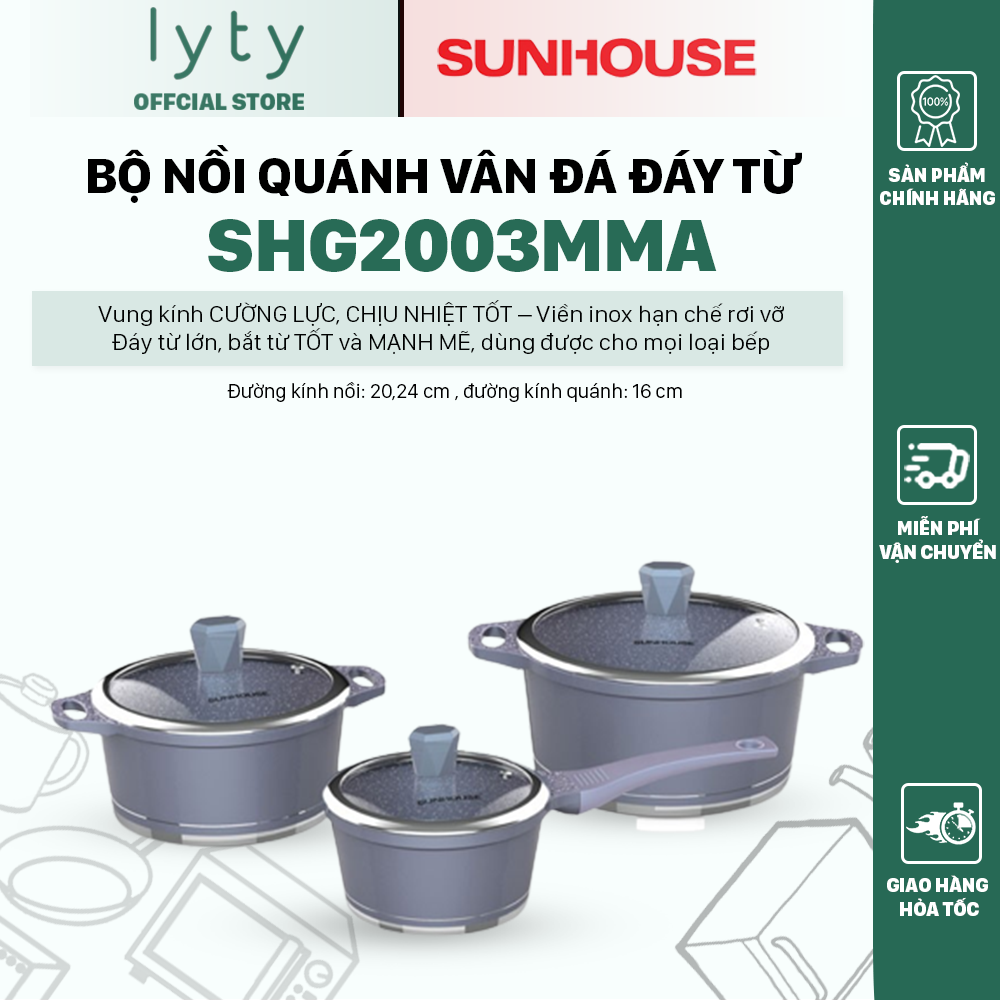 Bộ nồi quánh vân đá đáy từ SUNHOUSE SHG2003MMA - Dùng được mọi loại bếp - Bộ sản phẩm 2 nồi kích thước 20,24 cm và 1 quánh 16 cm
