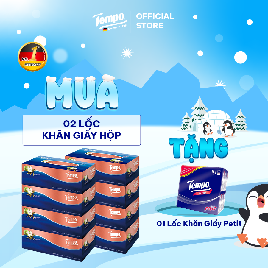 [MUA 2 LỐC HỘP TẶNG 1 CUỘN GVS 4 LỚP + 1 BĂNG ĐÔ THỎ] Khăn Giấy Hộp Cao Cấp Tempo Box Facial - Thương Hiệu Đức - An Toàn Cho Da, Hương Gỗ Táo