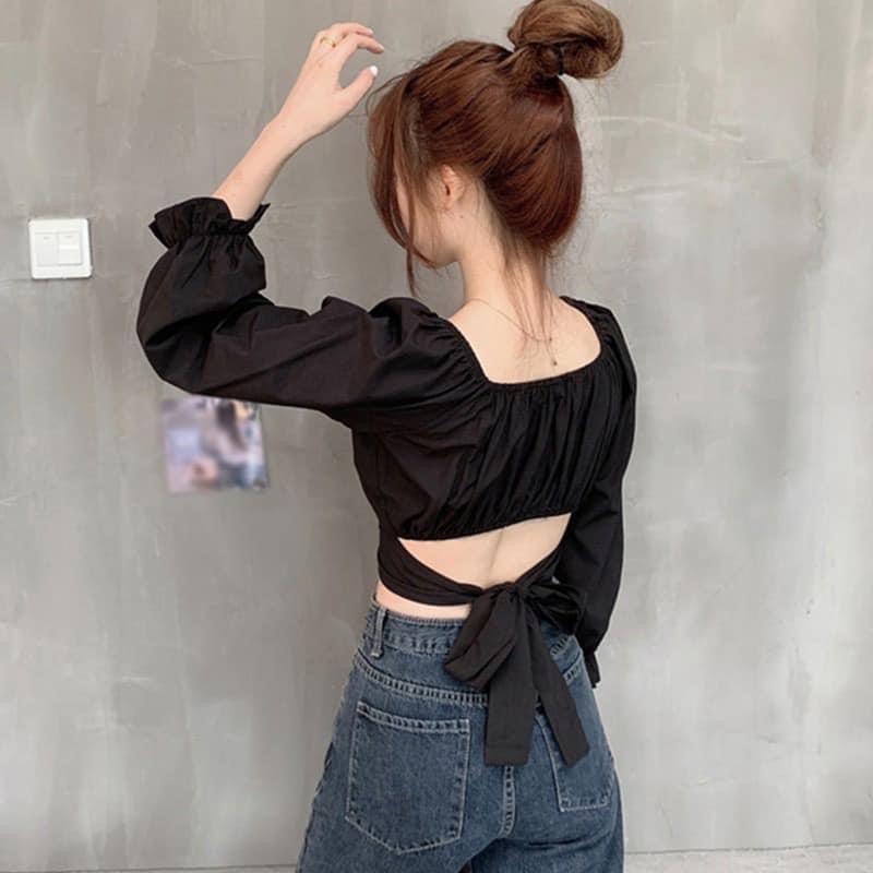 Áo croptop tay dài thắt nơ thanh lịch