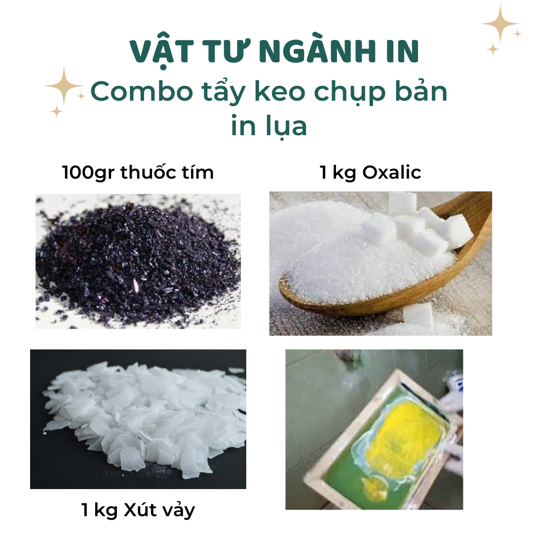 Combo 1 kg Oxalic + 1 kg Xút vảy+ 100g thuốc tím tẩy keo chụp bản in lụa để tái sử dụng khung in lụa cho bản in lần sau