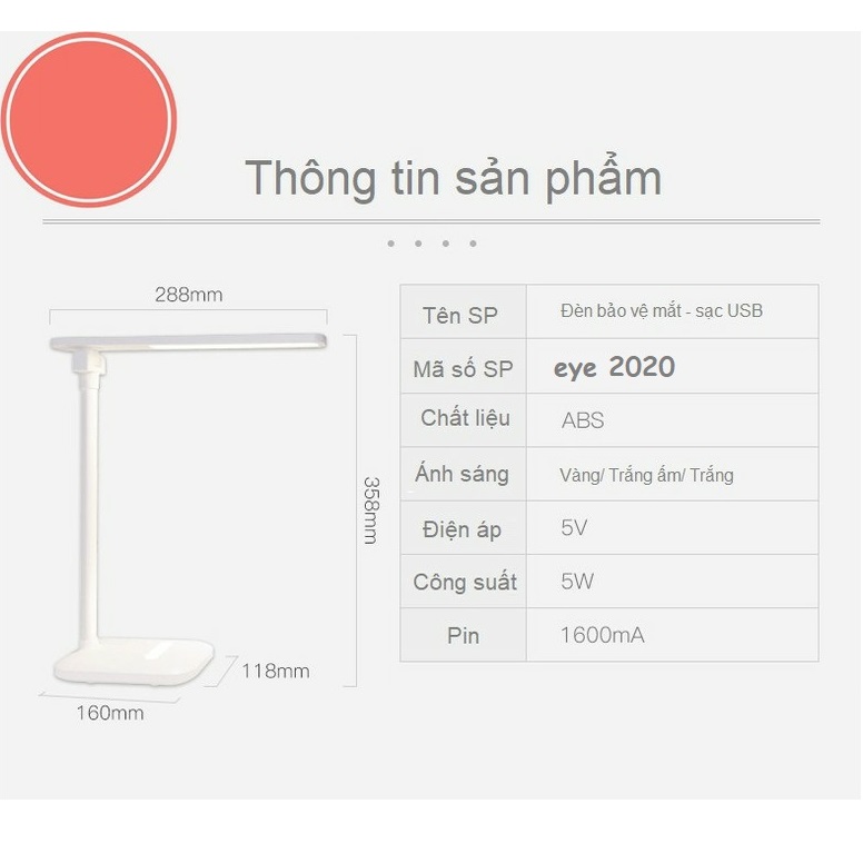 Đèn học chống cận thị tích điện (sạc pin), ánh sáng LED 3 màu, 3 cấp ánh sáng