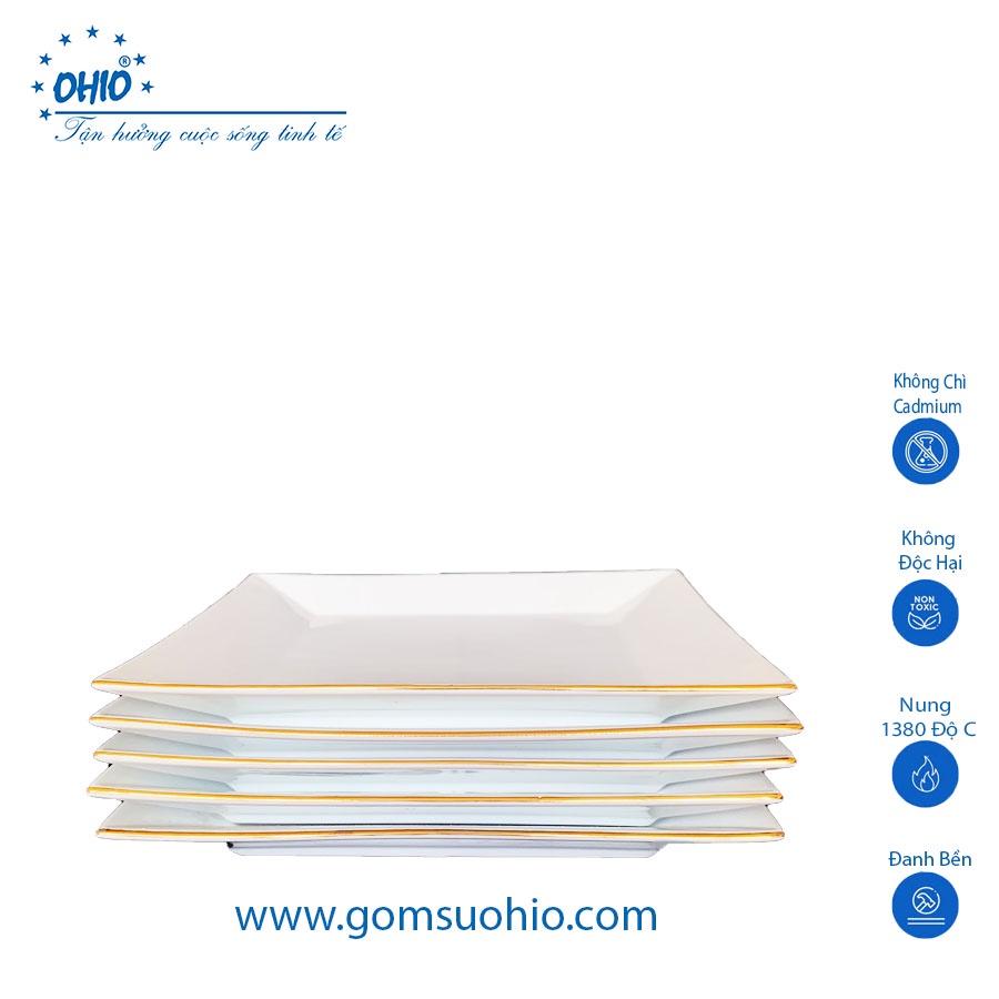 Đĩa Vuông 20.5cm Sứ Trắng Viền Kim OHIO