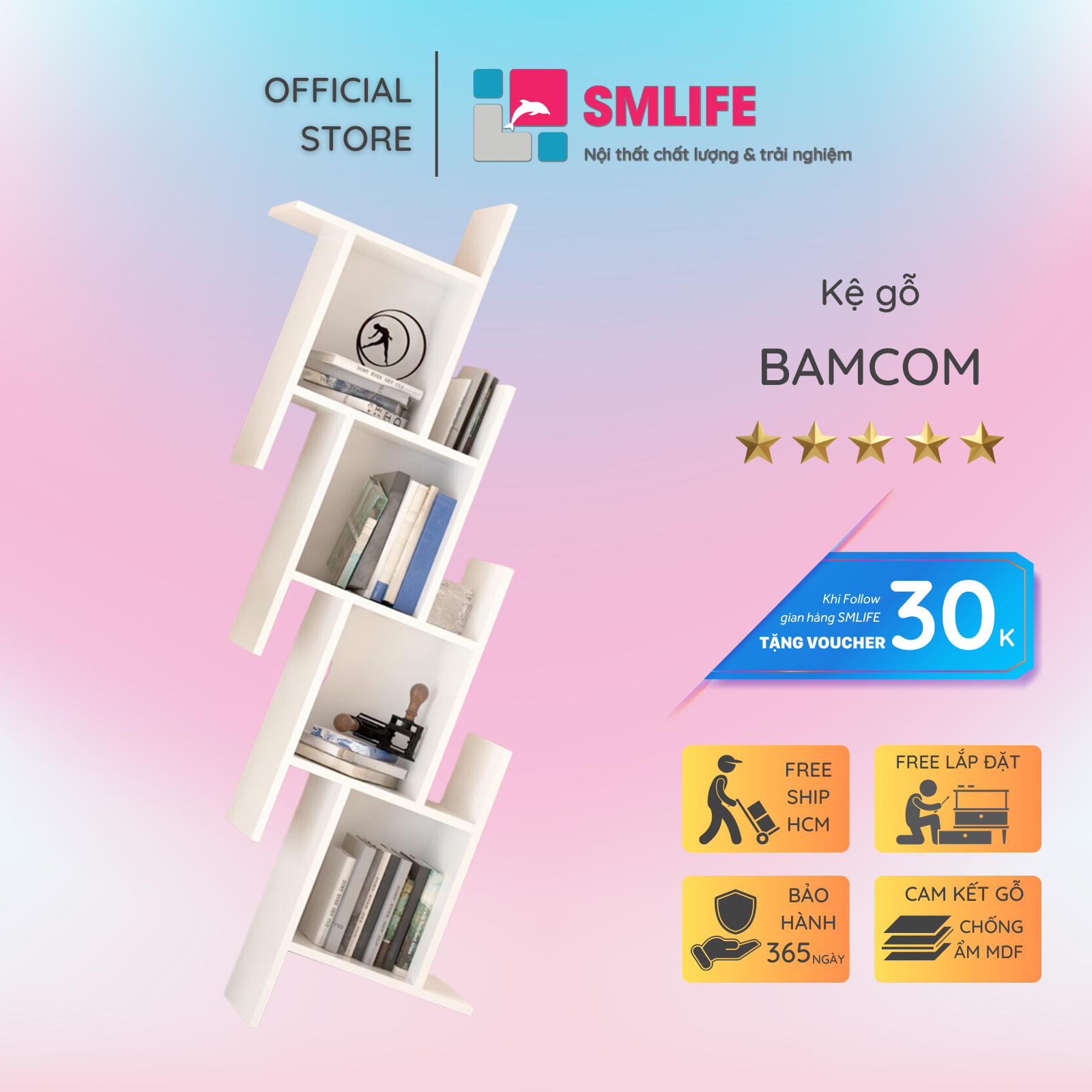 Giá sách hiện đại bằng gỗ công nghiệp cao cấp SMLIFE Bamcom