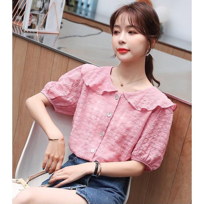 Áo Kiểu Sơ Mi Nữ Hàn Quốc Cổ Tròn Bèo Tay Phồng Công Sở Thời Trang Đẹp