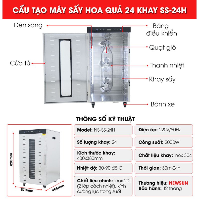 Máy sấy hoa quả 2 lớp 24 khay SS-24H (bảng điện tử) NEWSUN - Hàng chính hãng