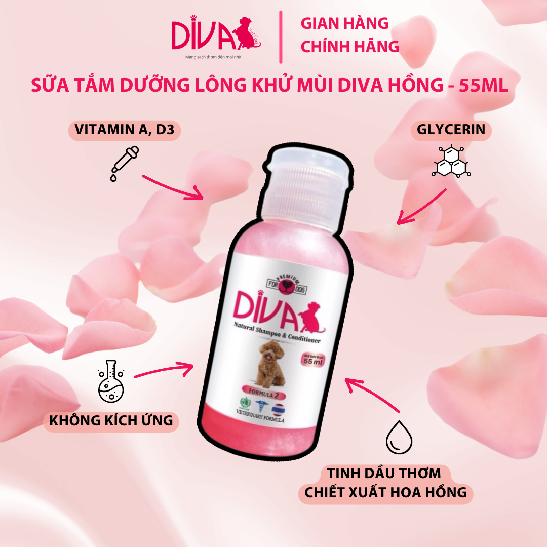 SỮA TẮM CHÓ DƯỠNG LÔNG KHỬ MÙI DIVA HỒNG 55ML (DIVA FORMULA 2)