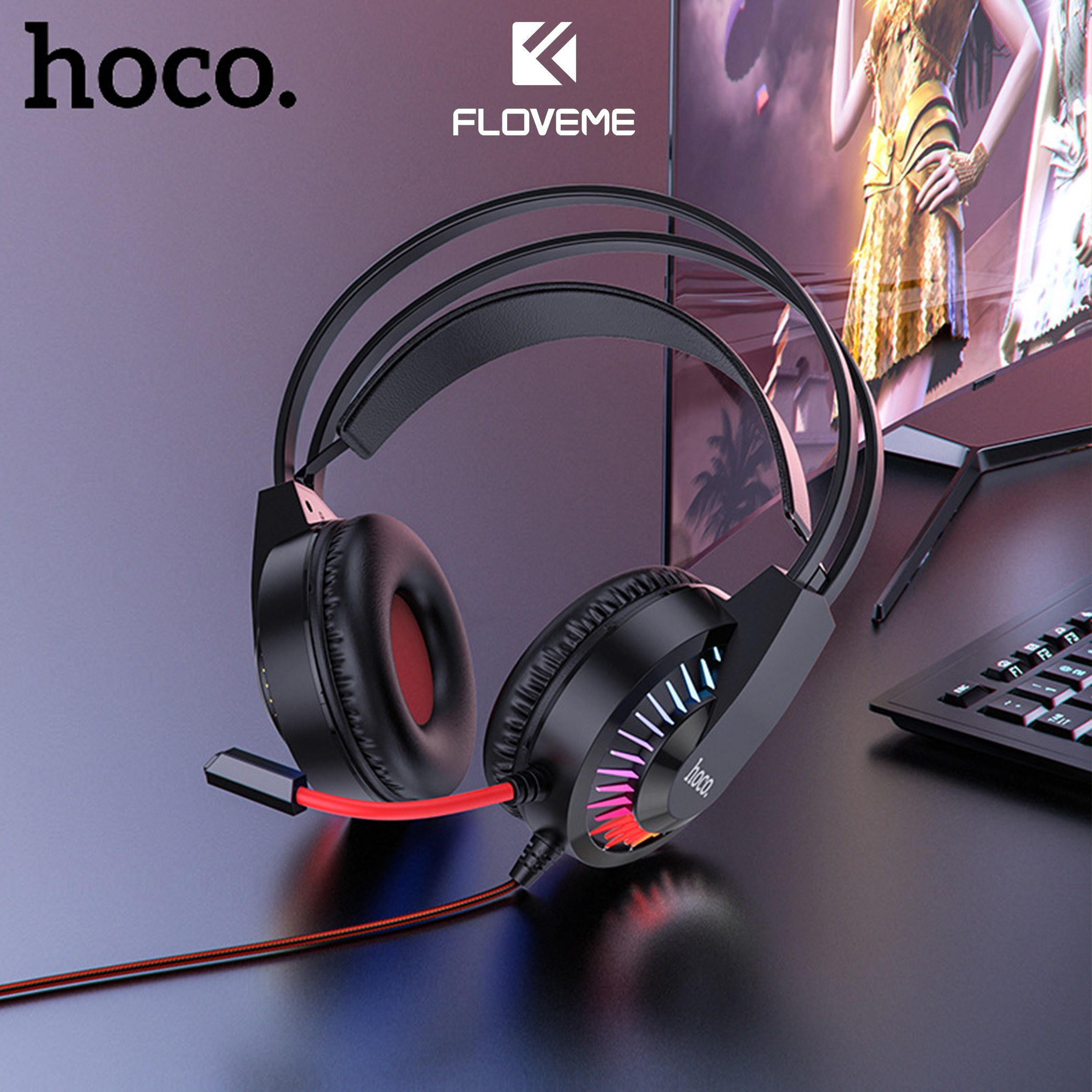 Tai nghe có dây chụp dành cho cao thủ Gaming Hoco W105 Đèn LED nhiều màu sắc Hiệu ứng ánh sáng thở -  Hàng chính hãng