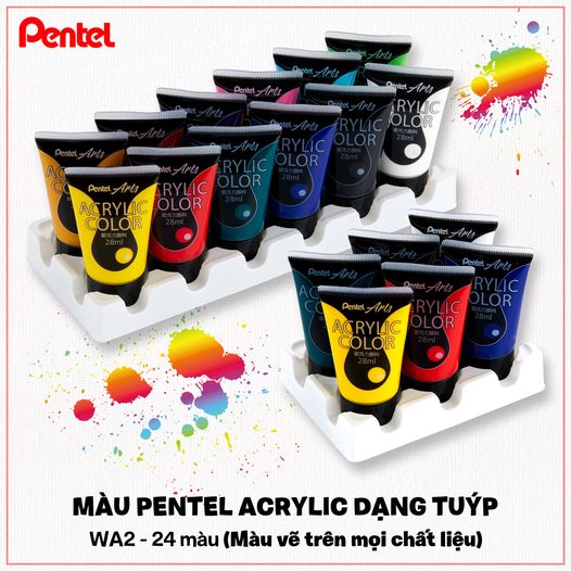 Màu Acrylic Nhật Bản Chuyên Nghiệp Dạng Tuýp 28ml Pentel Acrylic | Độ Bền Màu Cao Tới 50 Năm | Vẽ Lên Vải/Đá/Tường/Gỗ/Sứ