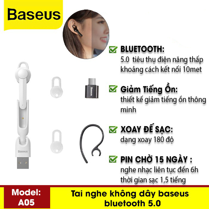 Tai Nghe Không Dây Baseus Encok A05 Bluetooth 5.0 Tiện Dụng Trên Ô Tô Xe Hơi Kèm Míc Pin Chờ Đến 15 Ngày -Hàng Chính Hãng