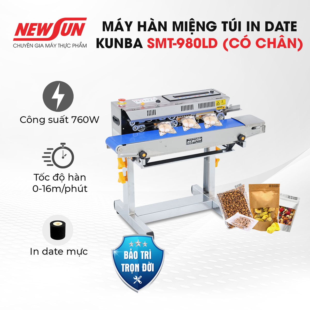 Máy hàn miệng túi in date Kunba SMT-980LD (có chân) NEWSUN - Năng suất, chuyên nghiệp, hiệu quả - Hàng chính hãng