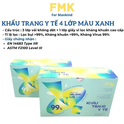 Khẩu Trang Y Tế 4 Lớp Cao Cấp Màu Xanh - Thương Hiệu FMK - Hộp 50 cái - Chuẩn Quốc Tế