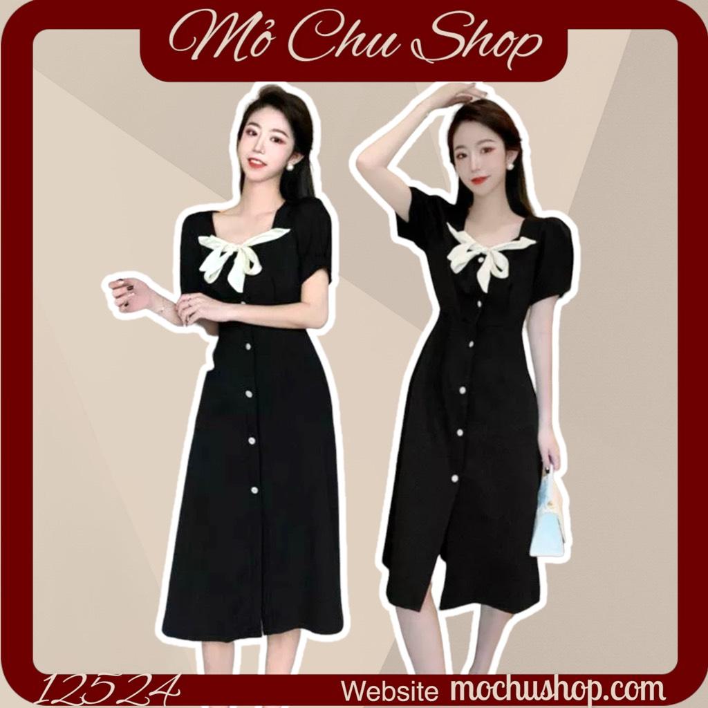 ĐẦM MIDI ĐEN PHỐI NƠ CỔ 12524