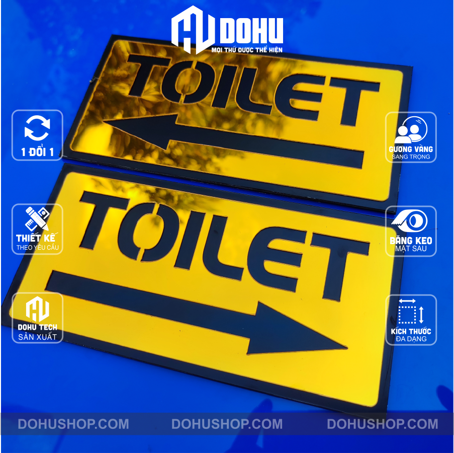 Bảng toilet, biển wc chỉ hướng trái và phải tráng gương vàng sang trọng đẳng cấp - có sẵn keo dán phía sau