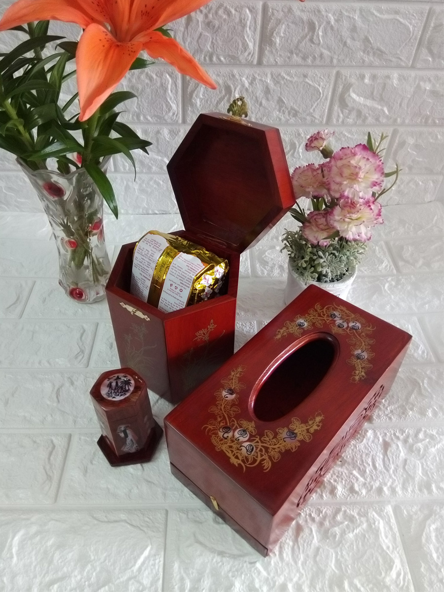 Bộ 3 món tiện ích bằng gỗ hương đỏ hộp Trà lớn,hộp khăn giấy chữ nhật,hộp tăm CO3MTL