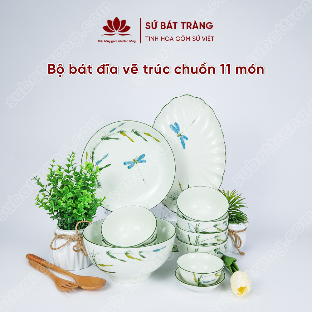 Bộ bát đĩa vẽ trúc chuồn cao cấp Bát Tràng