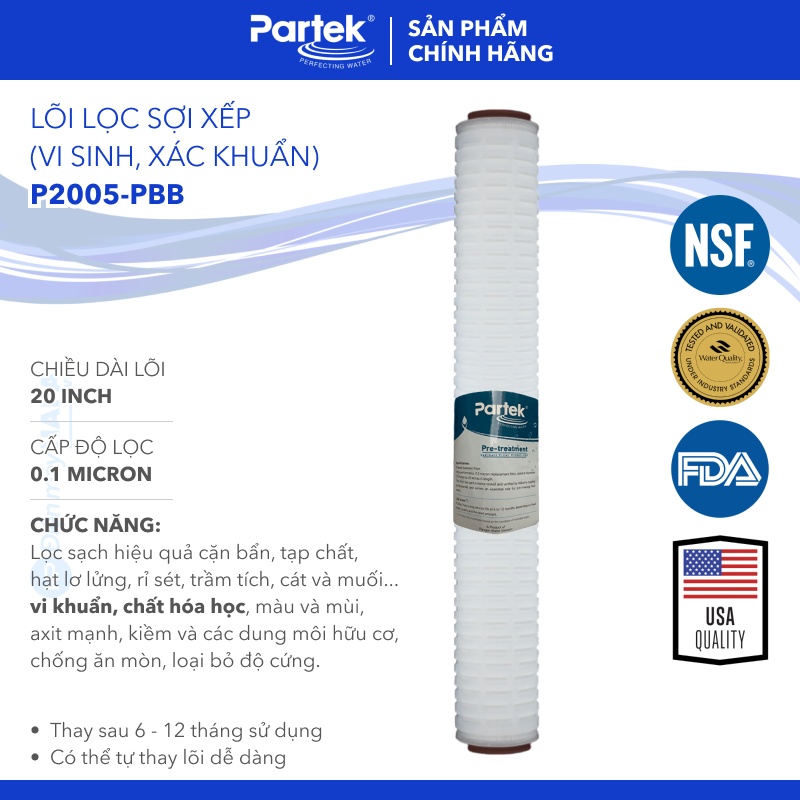 Lõi Lọc Xác Khuẩn Vi Sinh PARAGON P2005-PBB Cao Cấp PARTEK Lõi 20 inch Màng Giấy Xếp Ly Thẩm Thấu 0.1 Micron - Hàng Chính Hãng