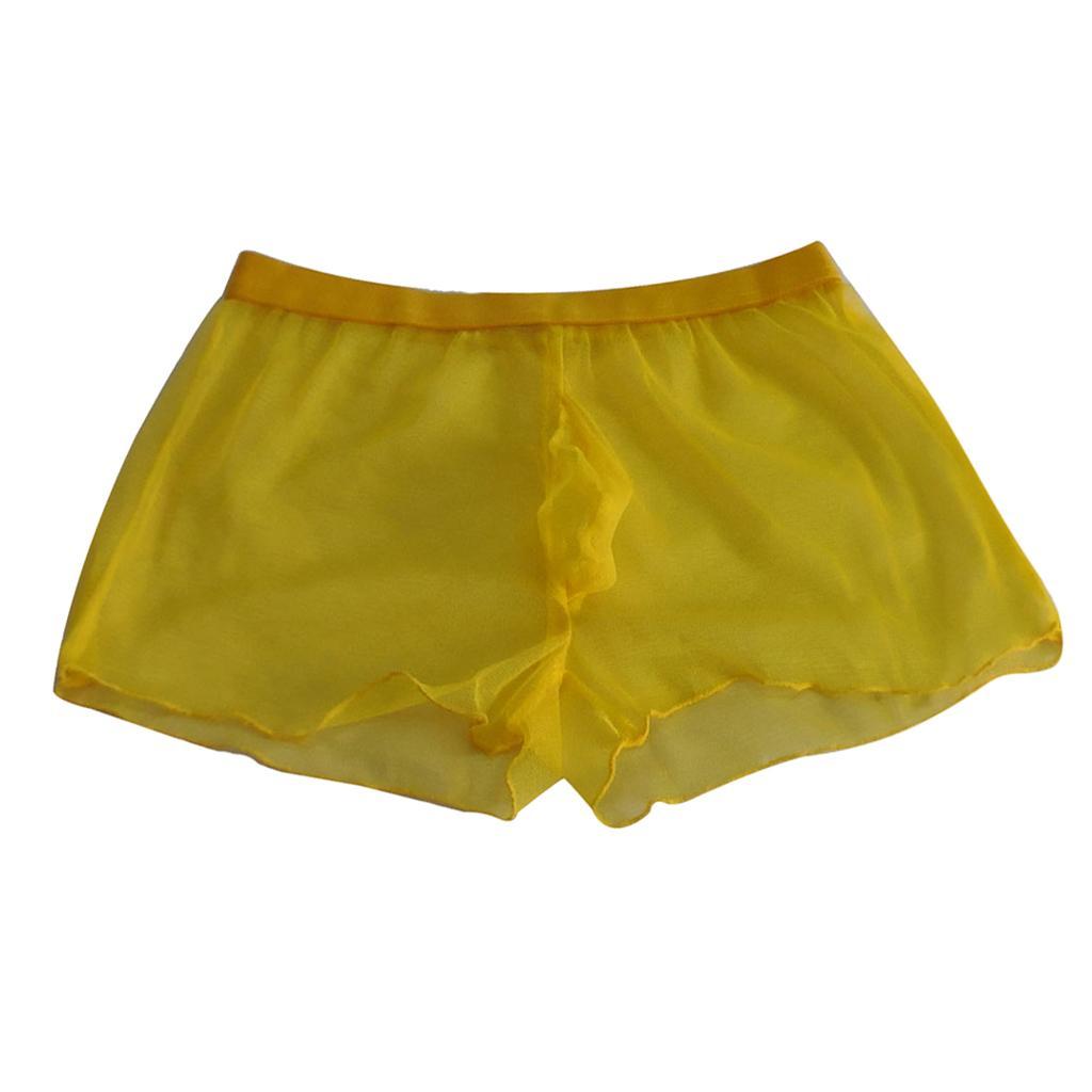 2-3pack Sexy Elastic Waist See-Through Voile Boxer Briefs Shorts for Men Yellow