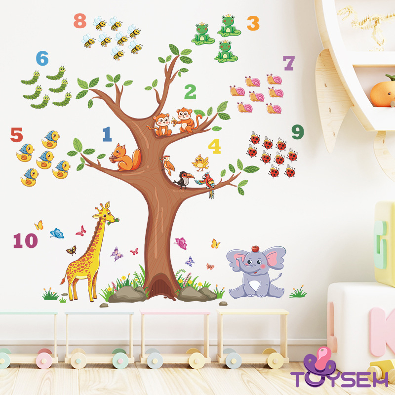 Decal trang trí dán tường cho bé tập đếm số và hình thú rừng, Giấy dán tường trang trí phòng cho bé, Decal trang trí nhà cửa
