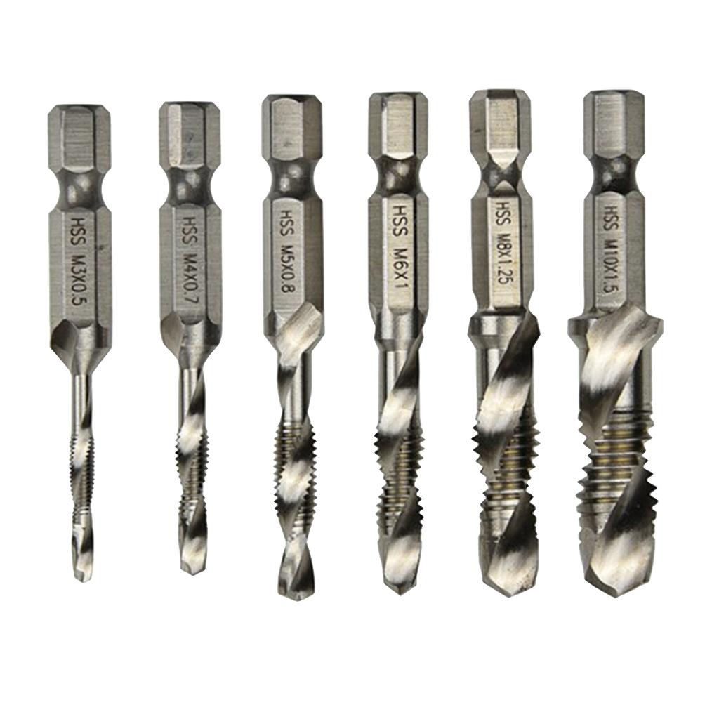 6pcs Quick Change HEX Shank Twist Drill and Bit set - metal M3-M10 Silver