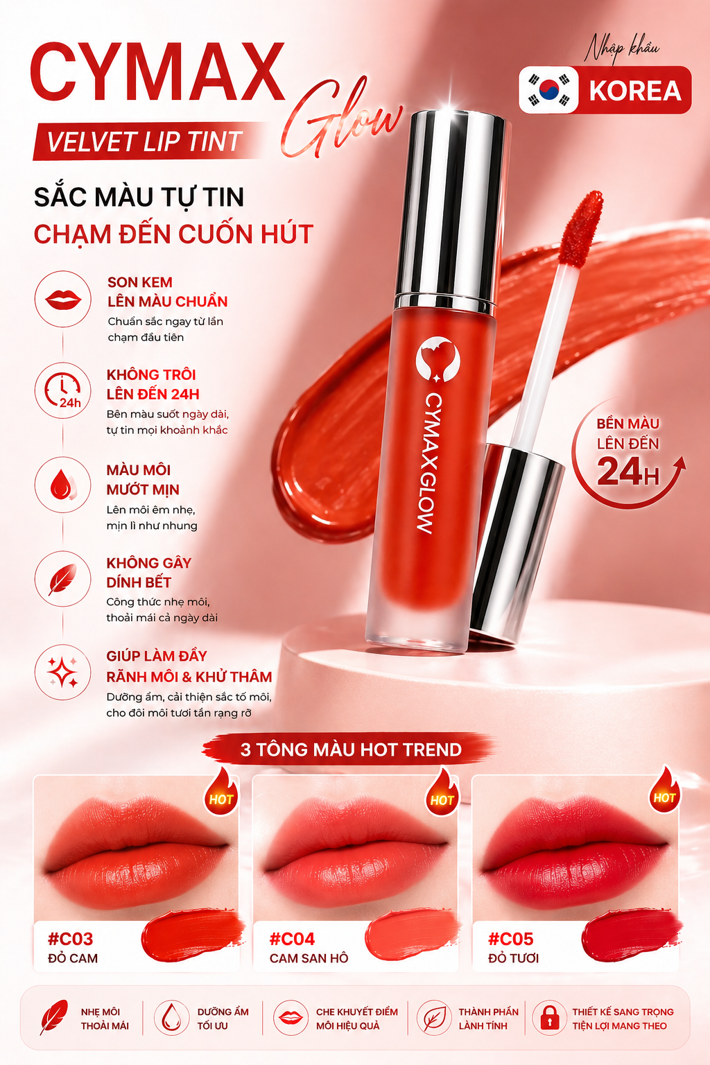 Son Kem CYMAX Glow Velvet Lip Tint - Lì Mịn Như Nhung, Căng Mướt Môi Chuẩn Hàn - Không Trôi