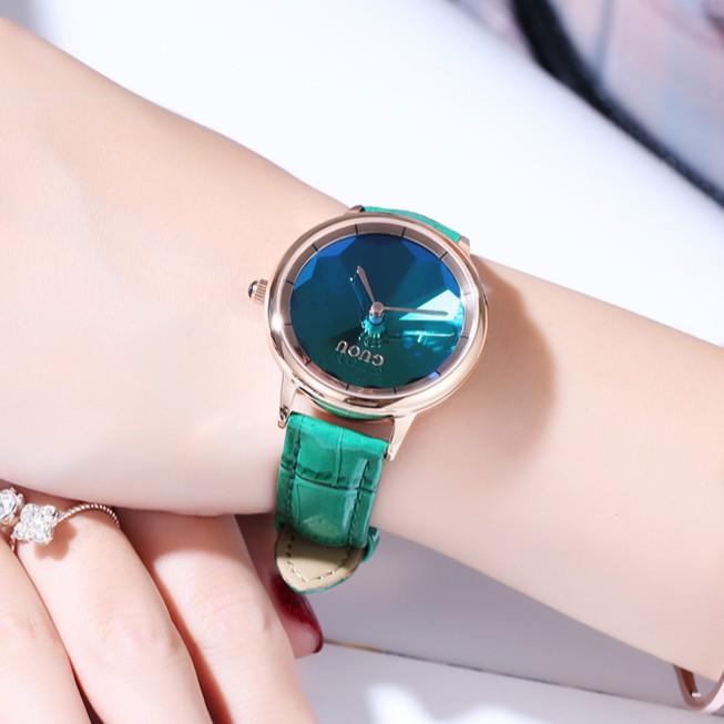 Đồng hồ nữ đeo tay dây da Guou mặt gương chính hãng chống nước tuyệt đối 6034