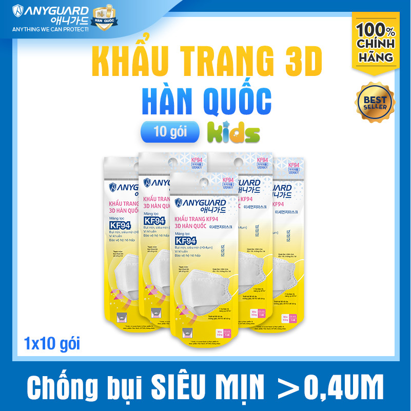 ComBo 10 Chiếc Khẩu Trang Trẻ Em KF94 - Form 3D Cao Cấp Chống Bụi Siêu Mịn 0.4um Anyguard Hàn Quốc Chính Hãng - 4 Lớp - 베이비 마스크 - Face Mask For Kids-ISO 9001:2015, ISO 13485:2016, QCVN 01:2017/BTC