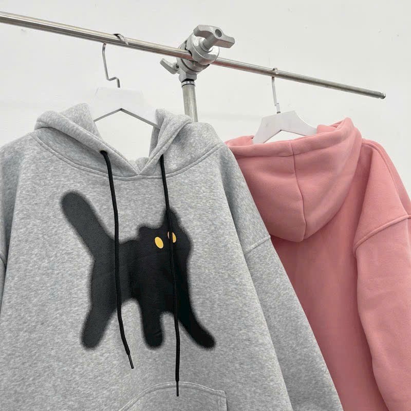 [sẵn] Áo Hoodie Dài Tay Form Rộng Unisex Vải Nỉ Bông Hình In Mèo Mun (ảnh thật tại shop), Áo khoác HOODIE in "CAT" cặp đôi chống nắng