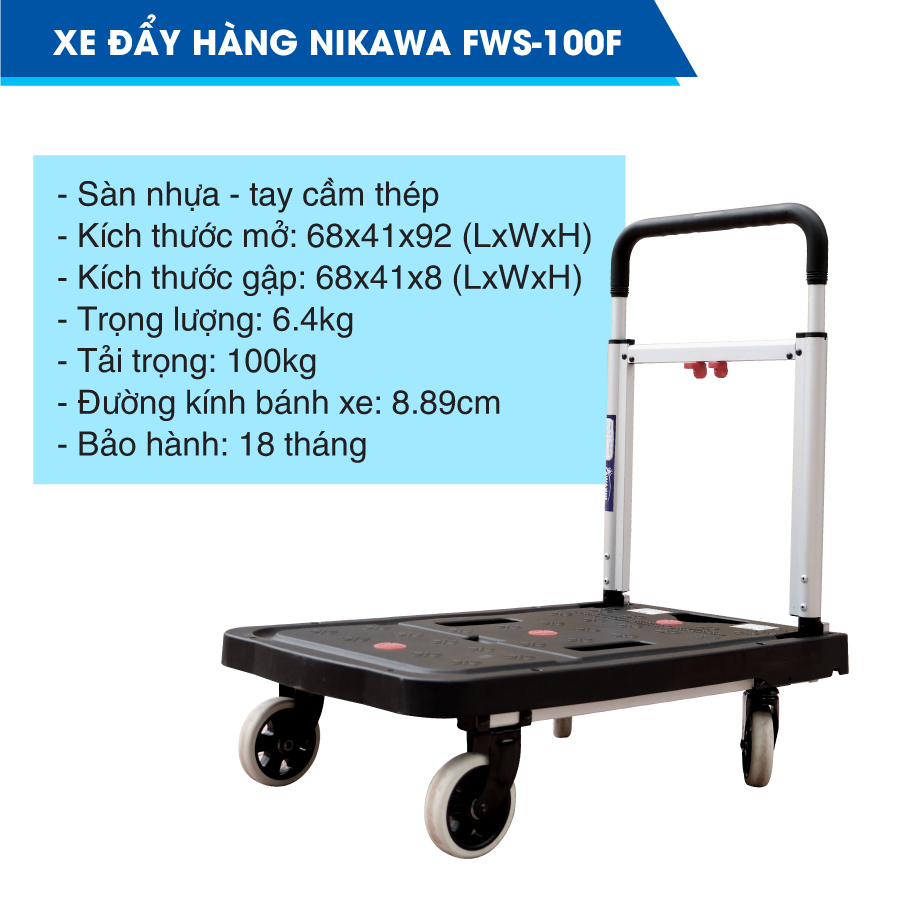 Xe đẩy hàng, xe kéo hàng Nikawa FWS-100F, 4 bánh, tải trọng 100kg, sàn nhựa.