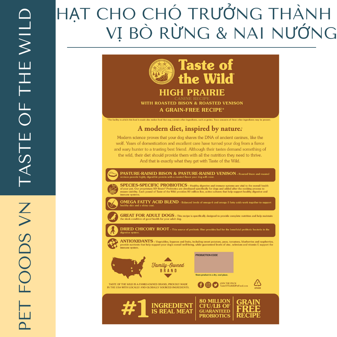 Hạt cho chó trưởng thành TASTE OF THE WILD High Prairie vị Bò Rừng và Nai Nướng