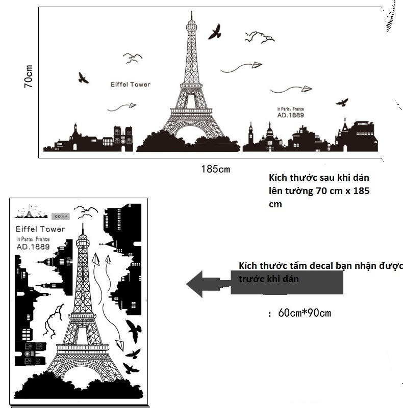 Decal dán tường trang trí sang trọng thành phố PARIS phòng khách, phòng ngủ sinh động