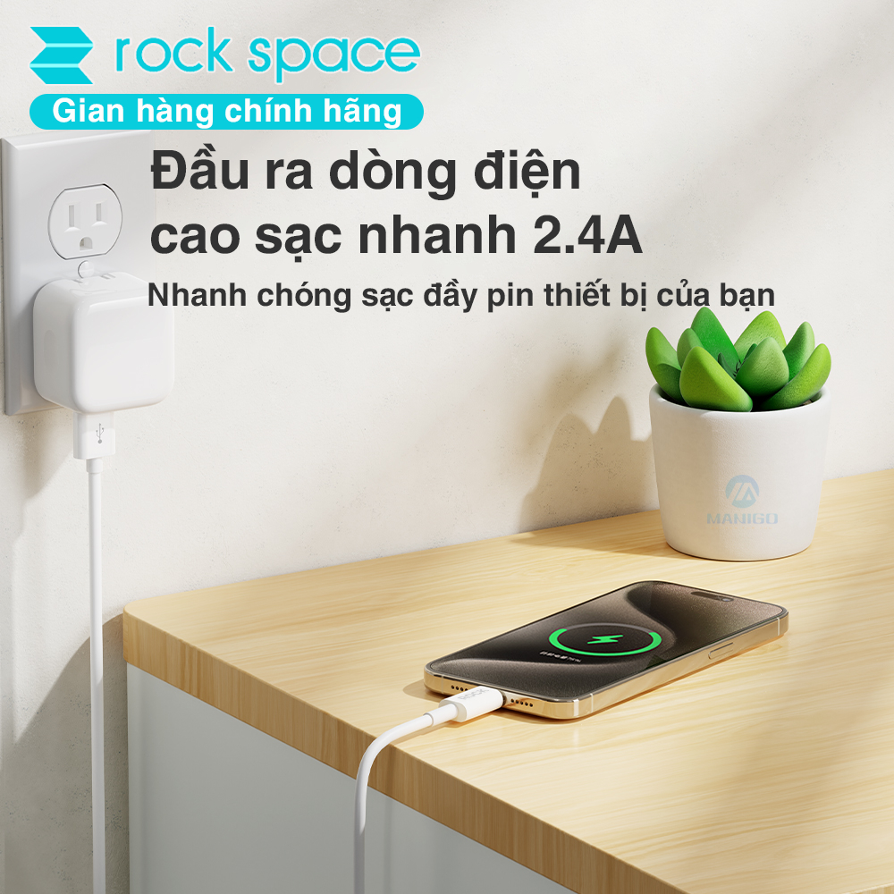 Dây cáp sạc nhanh cho ip Rockspace P8 độ dài 1m sạc nhanh ổn định không nóng máy - Hàng chính hãng bảo hành 12 tháng