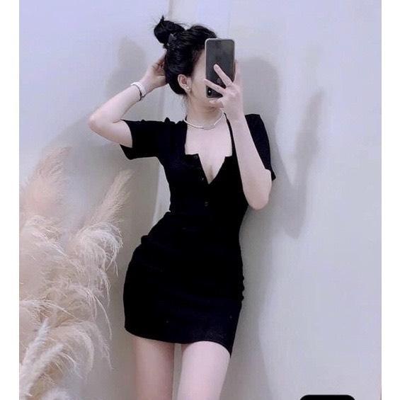 Đầm Body Mini Cổ U Tay Ngắn, Dáng Ôm Ngắn Cổ Cài Cúc Chất Xốp Siêu Mềm D064