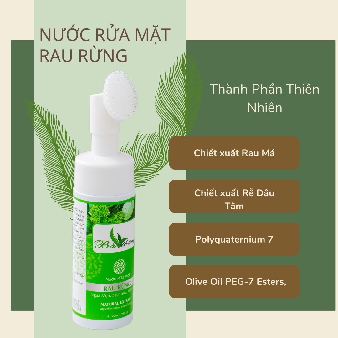 Sữa rửa mặt cho da mụn, da dầu mụn Rau rừng Bà Thông thiên nhiên 120ml đầu cọ mềm