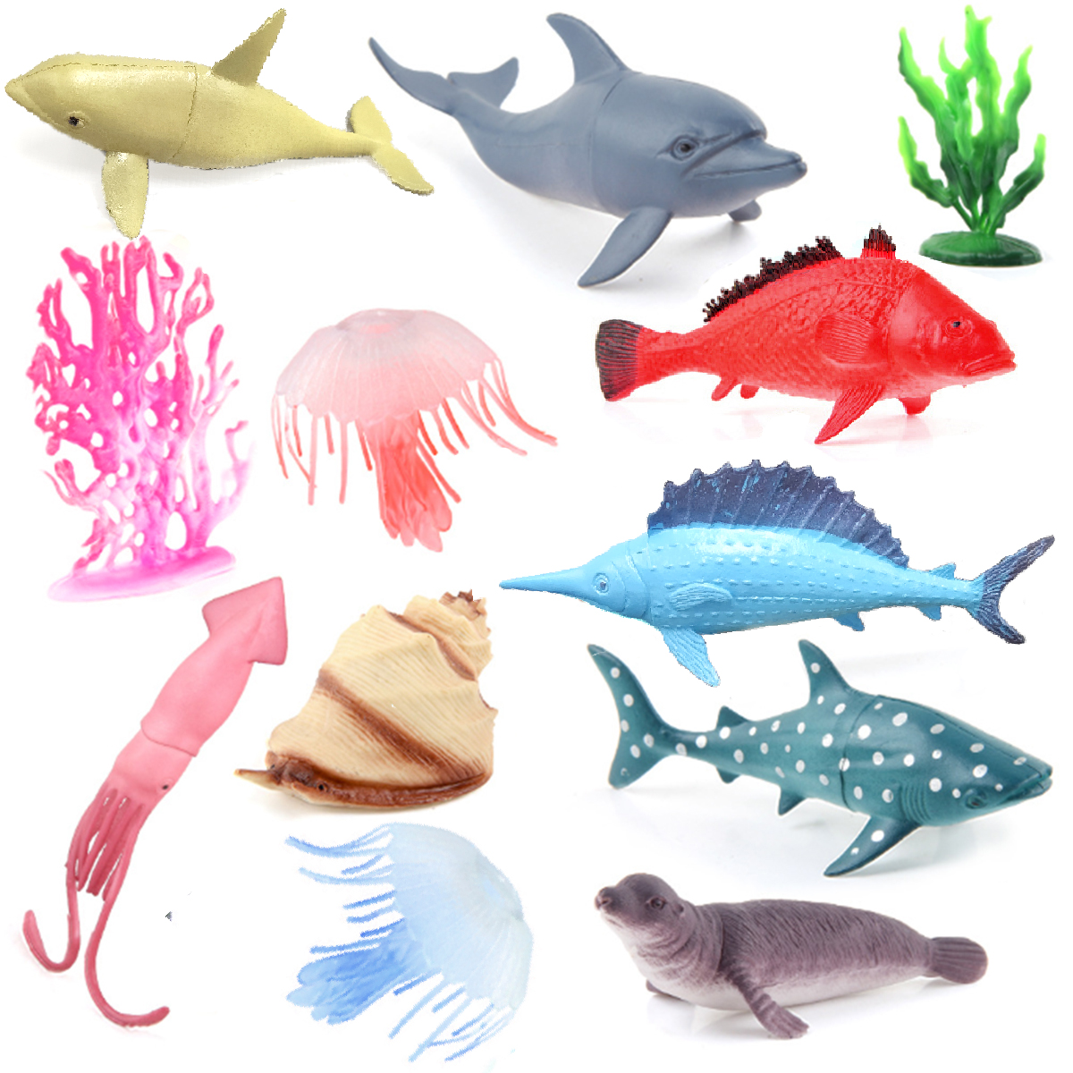 Bộ 12 đồ chơi Sinh vật Biển mẫu 2 Ốc Mực Hải Cẩu Cá Mập Cá Heo Ocean World Fish nhựa dẻo 12 chi tiết cho bé mang đi biển, đi tắm hồ bơi