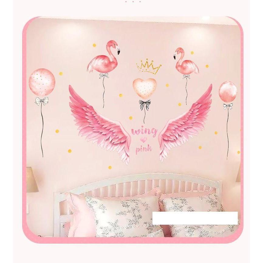 Decal dán tường Combo 2 tranh đôi cánh thiên thần hồng + chim hạc hồng
