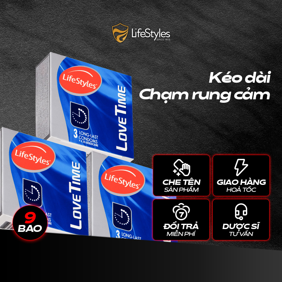 Bộ 3 Bao cao su kéo dài thời gian quan hệ LifeStyles Love Time nhiều gel 3 bao
