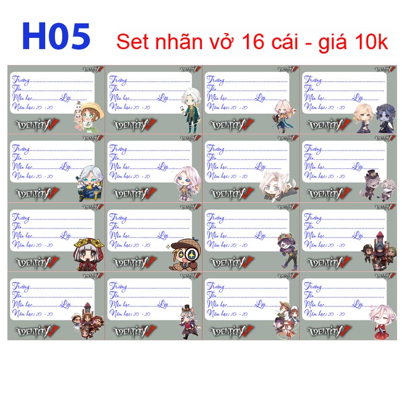 Nhãn vở set 64 Identity V