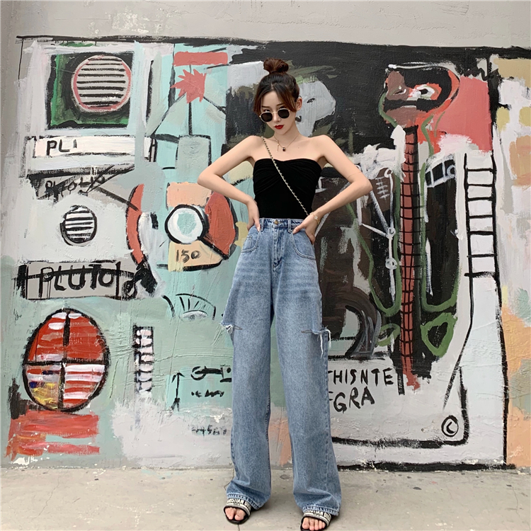 Quần jeans nữ cạp cao ống rộng rách đùi ulzzang, thời trang phong cách trẻ