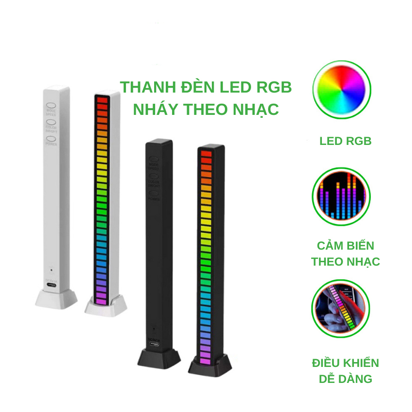 Thanh đèn LED RGB nháy theo nhạc cảm ứng âm thanh 32 hạt LED 16 triệu màu không app dùng trang trí máy tính, decor phòng, gắn trong ô tô