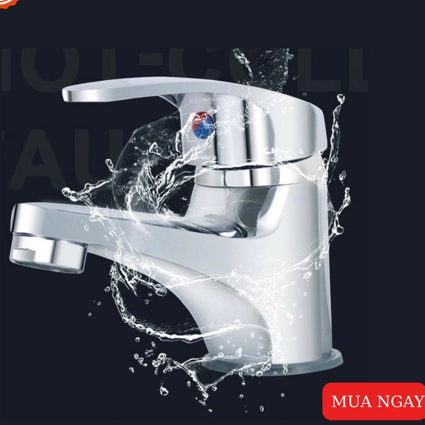 Vòi lavabo nóng lạnh thân lùn chất đồng thau cao cấp sáng bóng TẶNG kèm bộ dây cấp nước nóng lạnh