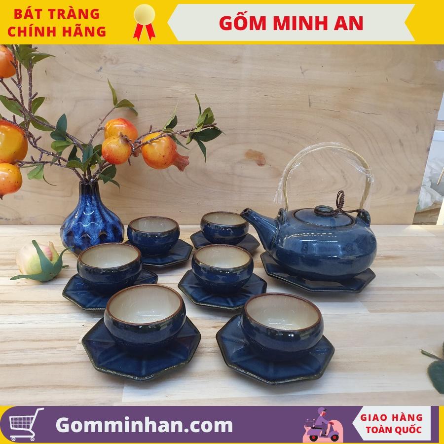 Bộ ấm trà Bát tràng men hỏa biến màu xanh, ấm chén sứ- Gốm Sứ Bát Tràng- Gốm Minh AN