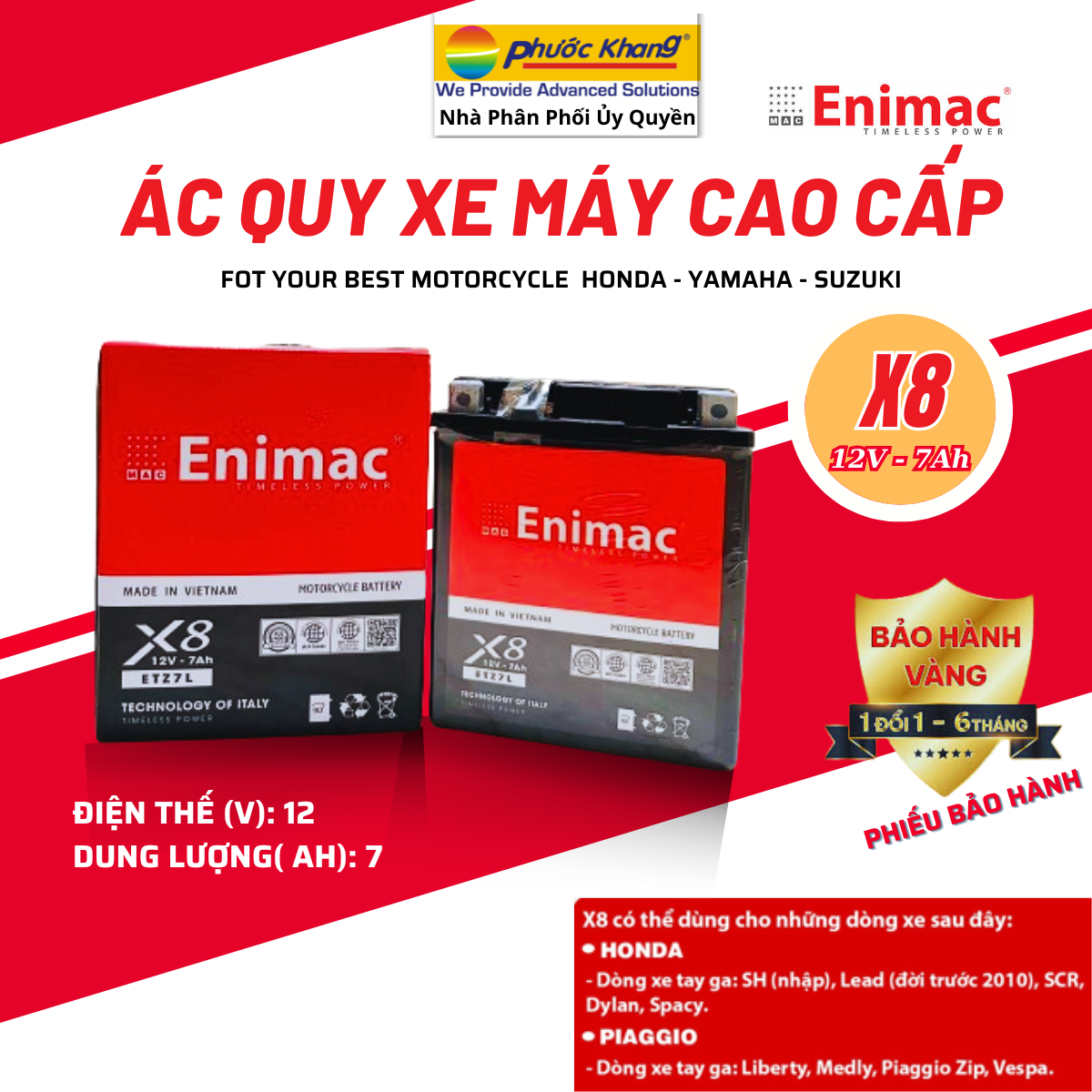 Bình ÁC Quy xe máy cao cấp từ italia -  Enimac TTTX8  12V-7Ah