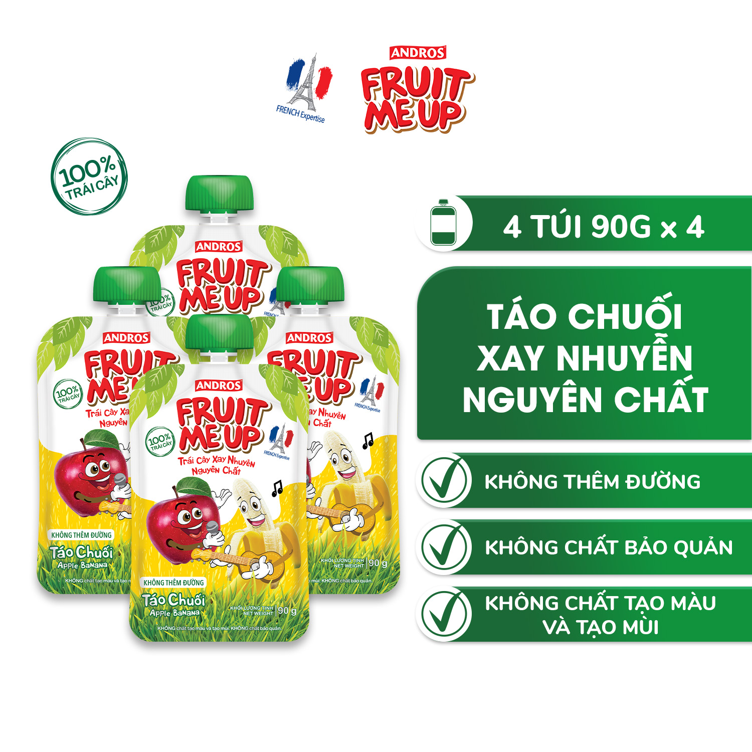 Trái Cây Xay Nhuyễn Nguyên Chất Andros Fruit Me Up  - Táo Chuối - Hộp 4 Túi (90g x 4)