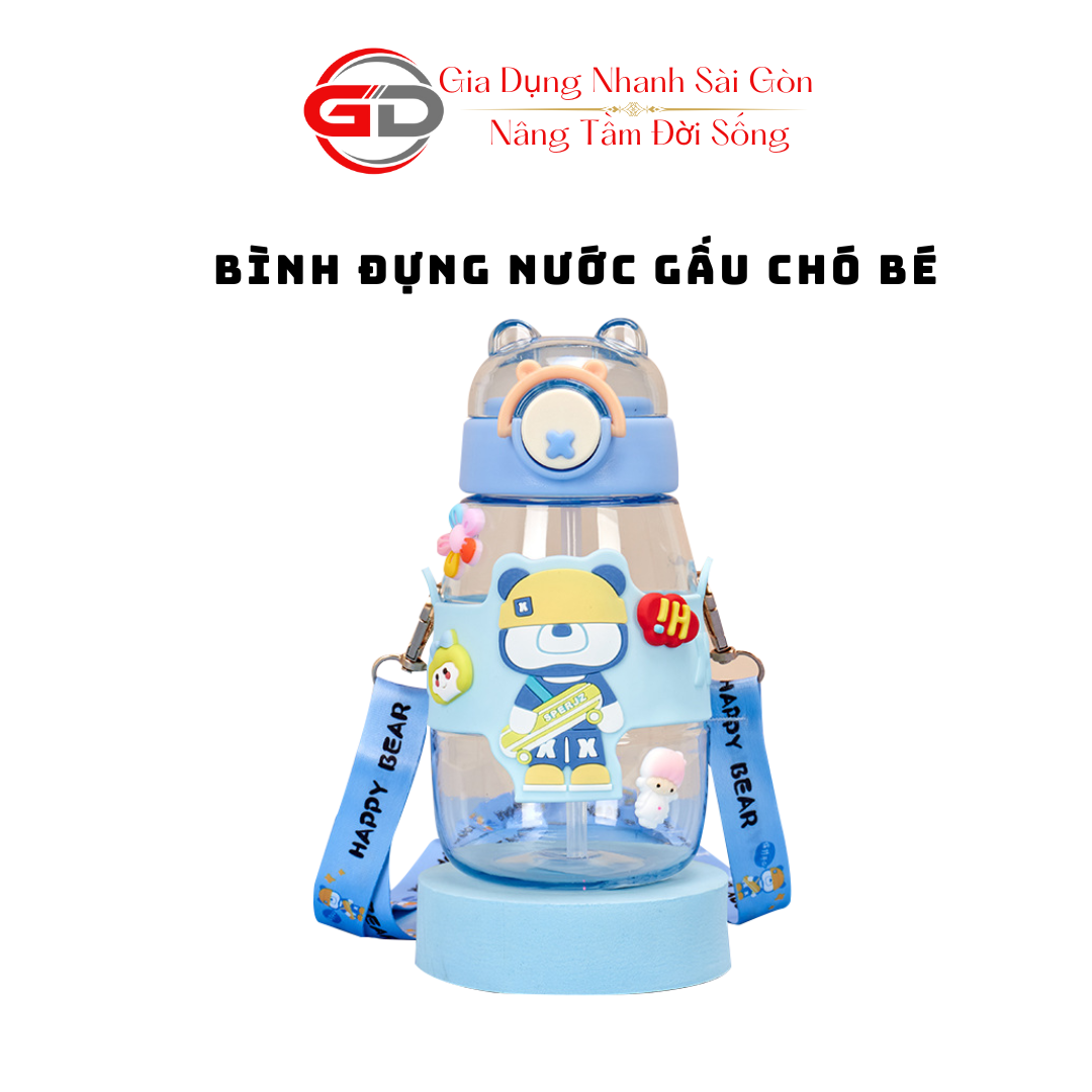 Bình nước kèm ống hút gấu Bear trong xịn xò kèm dây đeo kèm sticker 600ml